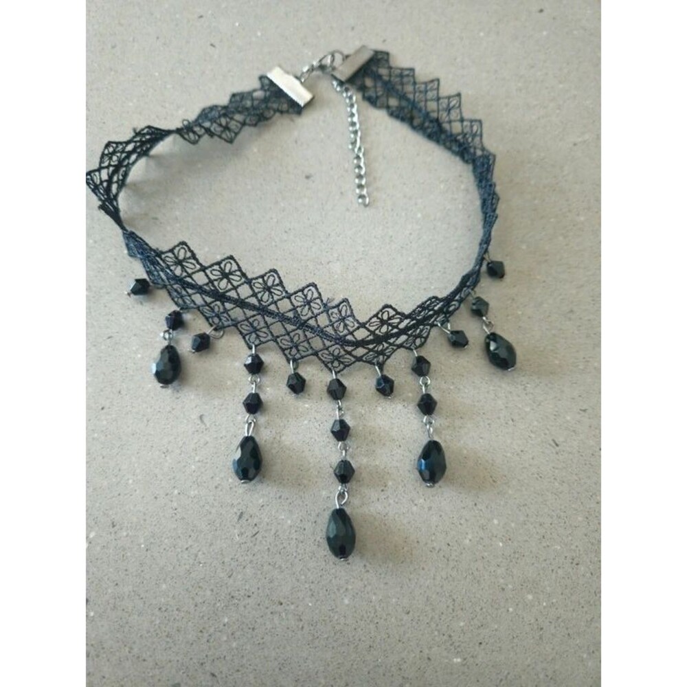 Black Lace Gothic Choker Necklace with Black Beaded Dangles